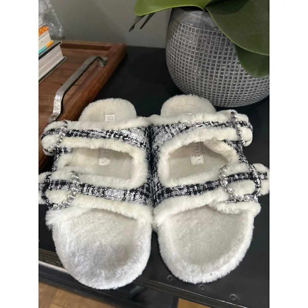 Stuart Weitzman Piper Chill Shearling Lined Tweed Pearl Slides White Black 8
